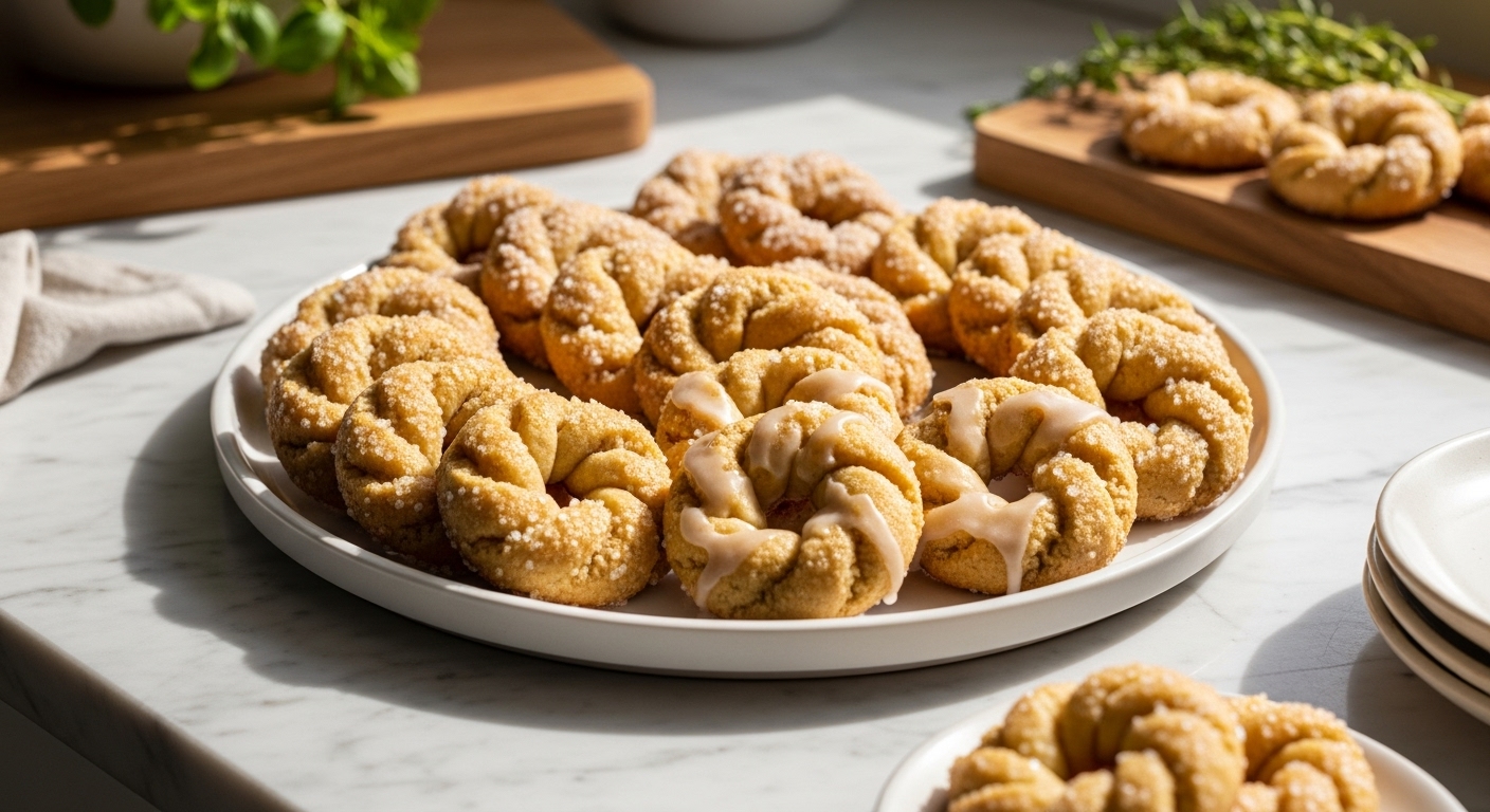A beautifully arranged platter of golden-brown Twisted Christmas Cookies, some dusted with coarse sugar, others with a light glaze, on a minimalist white plate, set on marble countertops with wood accents. Natural morning light streams from an east window, casting soft shadows. Fresh herbs are visible in the background, out of focus. Clean and tidy presentation, warm tones, inviting and mouth-watering. No hands or people.