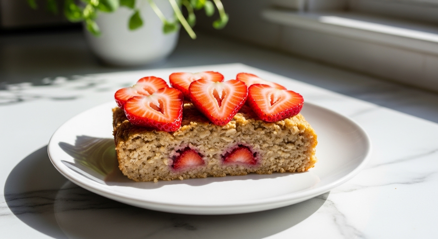 A beautifully plated, warm slice of Valentine's Day Baked Oatmeal topped with fresh strawberry hearts, resting on a minimalist white plate on marble countertops. Natural morning light streams in from an east window, casting soft shadows. Fresh herbs are visible in the background, with a clean and tidy presentation, exuding warm tones. The focus is on the delicious, mouth-watering texture of the baked oatmeal and vibrant red strawberries.