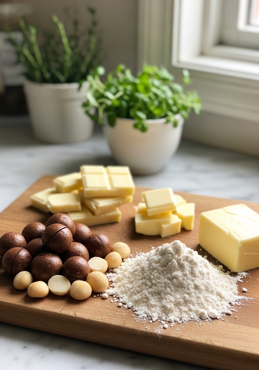 A 3:4 shot capturing key ingredients artfully arranged on the wooden cutting board. Whole macadamia nuts, large white chocolate chunks, a neat pile of flour, and softened butter are visible. Natural morning light from the east window highlights the textures, with marble countertops and fresh herbs in a ceramic bowl in the background, all in warm tones.