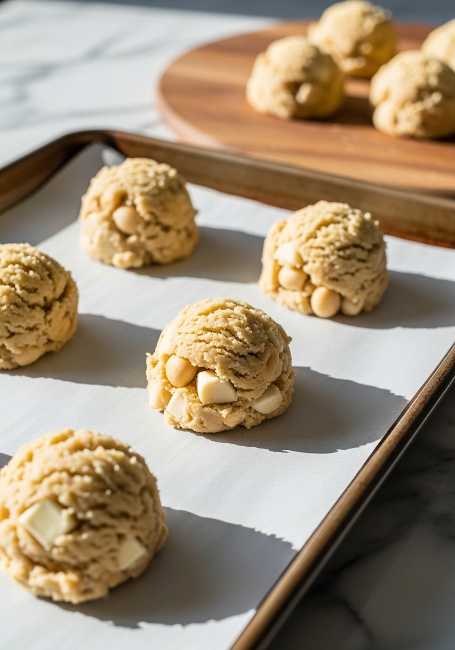 A 3:4 action shot depicting rounded scoops of White Chocolate Macadamia Nut Cookie dough placed on a parchment-lined baking sheet, ready for the oven. Visible within the dough are generous pieces of white chocolate and macadamia nuts. The scene is bathed in natural morning light on marble countertops, with the wooden cutting board nearby, suggesting a clean, tidy cooking process.
