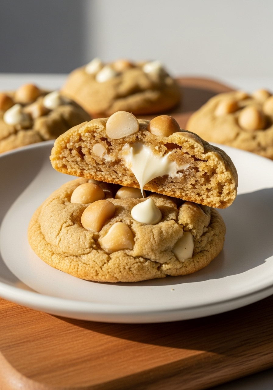 A 3:4 close-up detail shot of a single White Chocolate Macadamia Nut Cookie broken in half, revealing its wonderfully soft, chewy interior with melted white chocolate and crunchy macadamia nuts. The cookie rests on a minimalist white plate, placed on the wooden cutting board, with soft shadows and warm tones, emphasizing its homemade appeal under natural morning light.
