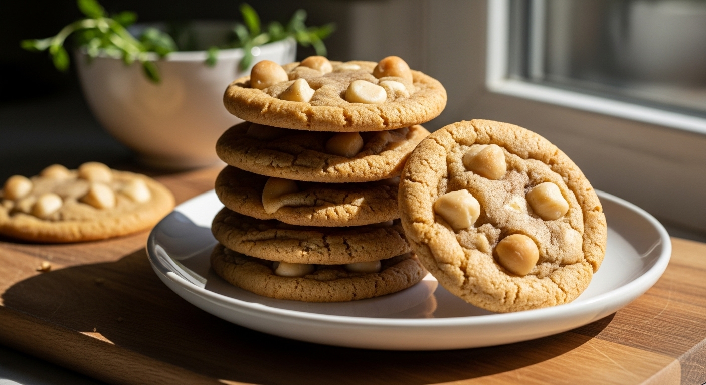 A beautifully composed 16:9 hero shot of a stack of freshly baked, golden brown White Chocolate Macadamia Nut Cookies on a minimalist white plate, set on the wooden cutting board. Natural morning light streams from the east window, creating soft shadows. Fresh herbs are subtly visible in a ceramic bowl in the background. The cookies show off their creamy white chocolate chunks and toasted macadamia nuts, looking deliciously appealing with warm tones and a clean, tidy presentation.