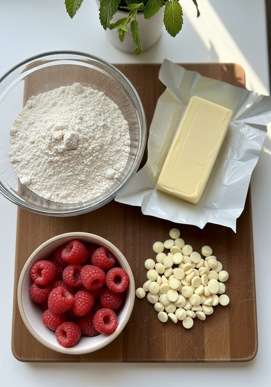 An overhead shot of key ingredients for Gluten Free White Chocolate Raspberry Scones laid out on the wooden cutting board. This includes a bowl of gluten-free flour, a block of cold butter (still wrapped), a small ceramic bowl of fresh red raspberries, and a pile of white chocolate chips. Natural morning light creates gentle shadows, and a sprig of fresh mint or rosemary is subtly visible in the background, reinforcing the clean and tidy kitchen environment. No hands.