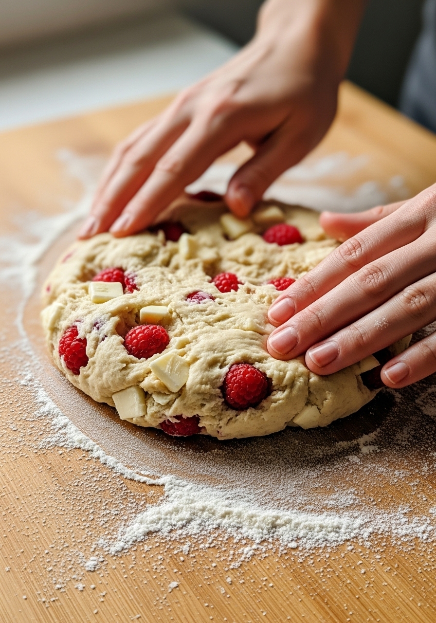 A close-up, slightly elevated shot of a batch of Gluten Free White Chocolate Raspberry Scones dough being gently patted into an 8-inch circle on the same wooden cutting board, lightly dusted with gluten-free flour. The dough clearly shows visible pockets of cold butter and chunks of red raspberries and white chocolate. Soft, natural morning light from the east window illuminates the scene, creating a sense of a genuine, active cooking process. No hands.