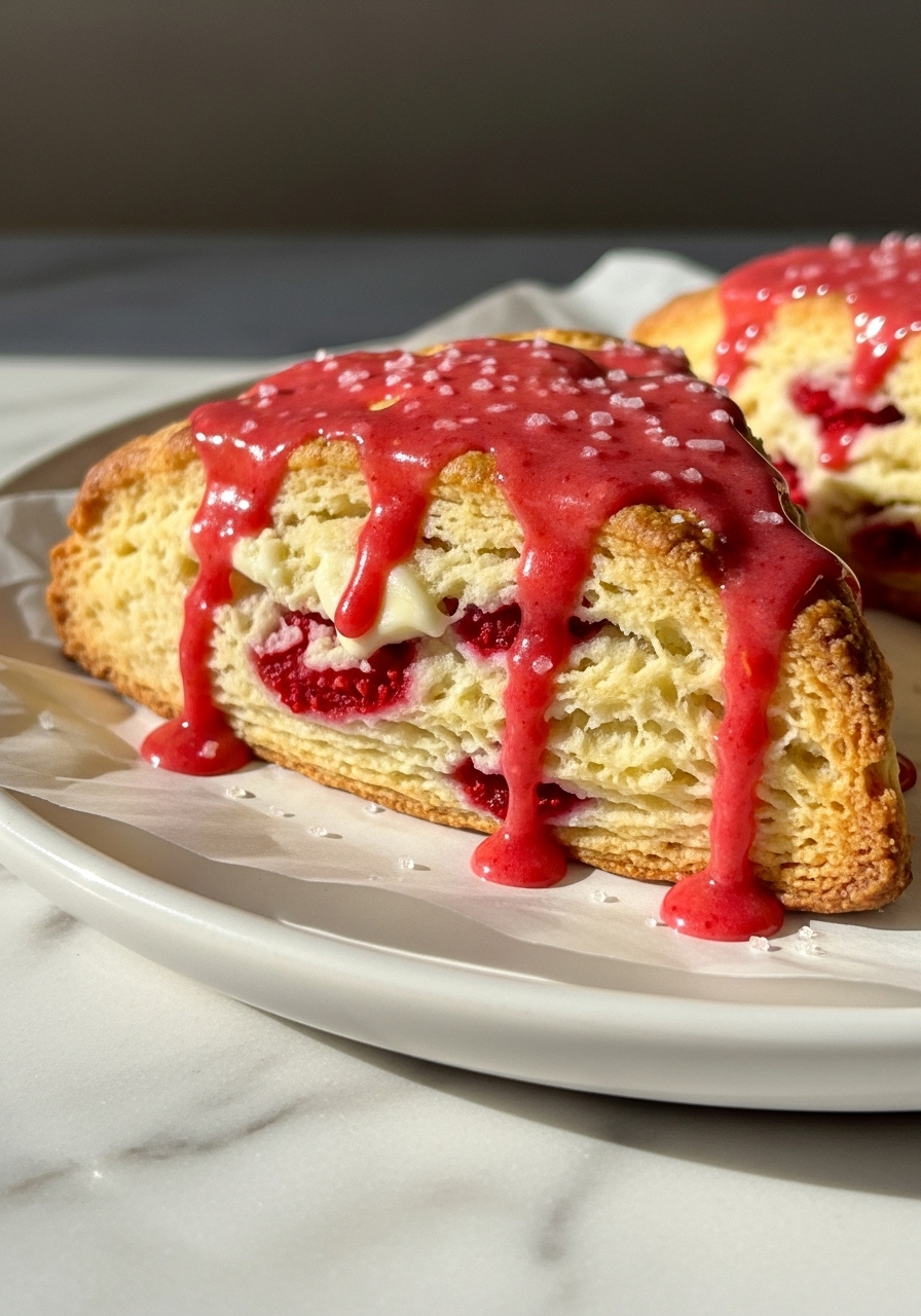 An insanely yummy, super close-up shot of a single golden-brown, triangular Gluten Free White Chocolate Raspberry Scone, showcasing its perfectly flaky texture, distinct baked-in red raspberry pieces, and melted white chocolate. The vibrant pink raspberry glaze drips enticingly down its sides, with a few sugar crystals catching the natural morning light. The scone rests on parchment paper on a minimalist white plate on the marble countertop, with gentle warm tones and soft shadows. No hands.