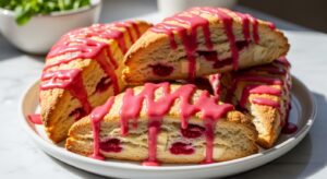 A mouth-watering close-up of several golden-brown, triangular Gluten Free White Chocolate Raspberry Scones, generously drizzled with a vibrant pink raspberry glaze. Visible baked-in red raspberry pieces and creamy white chocolate chunks peek out from the flaky scone texture. The scones are arranged artfully on a minimalist white plate, placed on marble countertops, with soft natural morning light streaming from an east window. Fresh green herbs are visible in a ceramic bowl in the softly blurred background, adding a touch of lived-in warmth. Soft shadows and warm tones enhance the delicious appeal. No hands.