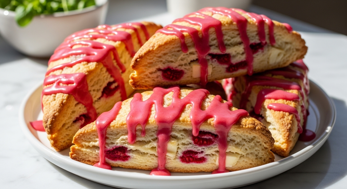 A mouth-watering close-up of several golden-brown, triangular Gluten Free White Chocolate Raspberry Scones, generously drizzled with a vibrant pink raspberry glaze. Visible baked-in red raspberry pieces and creamy white chocolate chunks peek out from the flaky scone texture. The scones are arranged artfully on a minimalist white plate, placed on marble countertops, with soft natural morning light streaming from an east window. Fresh green herbs are visible in a ceramic bowl in the softly blurred background, adding a touch of lived-in warmth. Soft shadows and warm tones enhance the delicious appeal. No hands.
