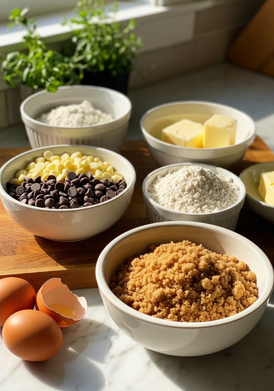 A 3:4 shot of key ingredients for Winter Wonderland Chocolate Chip Cookies, artfully arranged on the same wooden cutting board. Ceramic bowls hold semi-sweet and white chocolate chips, flour, and brown sugar. Butter and eggs are present, all bathed in soft, natural morning light from the east window on marble countertops. Fresh herbs are visible in the background, with warm tones and soft shadows.