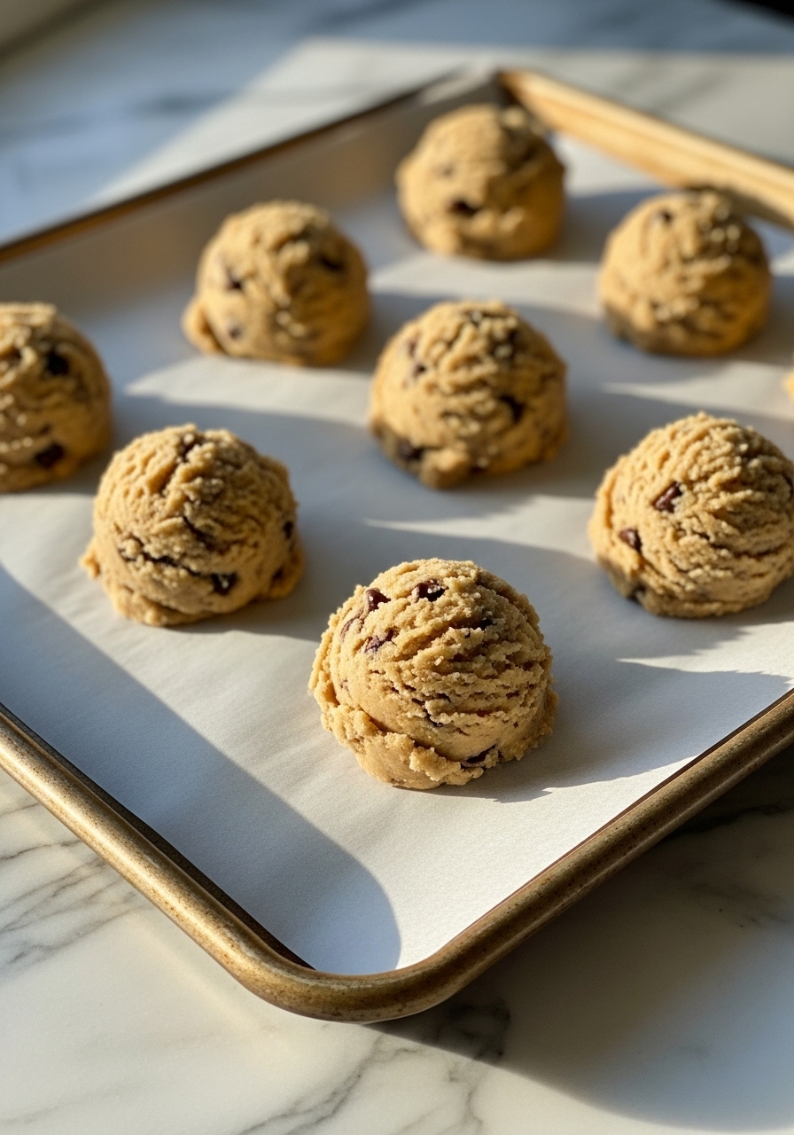 A 3:4 action shot of scoops of Winter Wonderland Chocolate Chip Cookie dough neatly arranged on a parchment-lined baking sheet, ready to go into the oven. The baking sheet is placed on the marble countertops, showcasing the texture of the dough and chocolate chips. Soft, natural morning light from the east window illuminates the scene, with gentle warm tones and shadows.