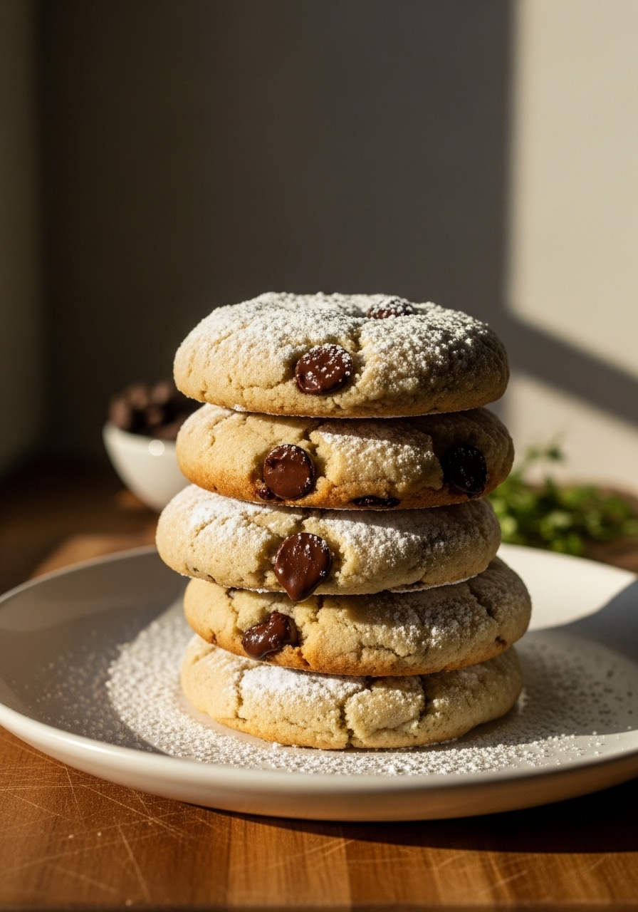 A 3:4 close-up detail shot of a stack of baked Winter Wonderland Chocolate Chip Cookies, beautifully dusted with powdered sugar to resemble snow. The cookies reveal their gooey, melted chocolate chips and soft texture. They are presented on a minimalist white plate, resting on the wooden cutting board, under warm, natural morning light from the east window, with subtle soft shadows and hints of fresh herbs in the background.