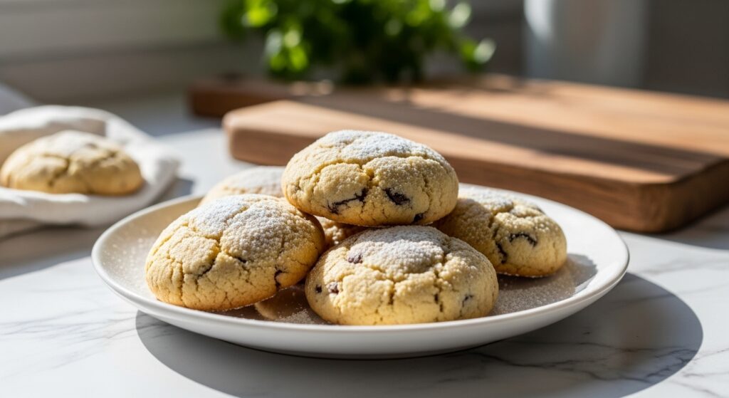 A beautifully composed 16:9 hero shot of the final, mouth-watering Winter Wonderland Chocolate Chip Cookies. Several golden-brown cookies, generously dusted with powdered sugar, are stacked and arranged on a minimalist white plate. The plate rests on marble countertops with a rustic wooden cutting board in the background, bathed in soft, natural morning light from an east window. Fresh green herbs are visible softly blurred in the background, creating warm tones and soft shadows. The overall presentation is clean, tidy, and exudes a genuine love for baking.