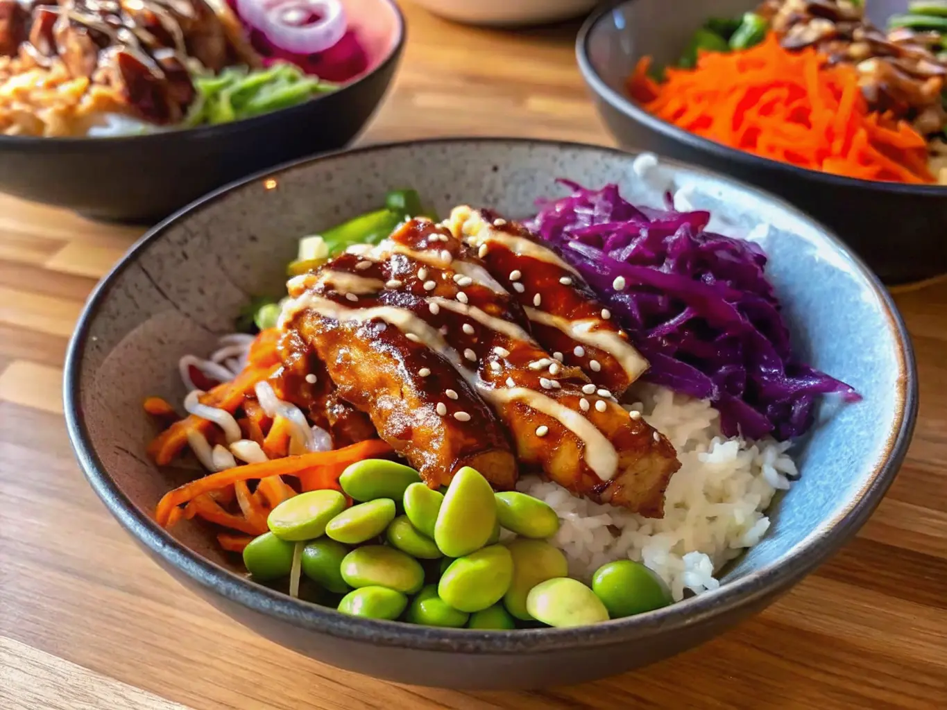 A beautifully plated Teriyaki Chicken Bowl in a blue ceramic bowl (4:3 ratio). The bowl is filled with white rice, topped with glistening, thinly sliced teriyaki chicken strips drizzled with a creamy white sauce and sprinkled with sesame seeds. Around the chicken, vibrant sections of shredded orange carrots, bright green shelled edamame, deep purple shredded red cabbage, and light green quick-pickled cucumber slices are neatly arranged. The scene is set on a light wooden surface, illuminated by soft natural morning light from an east window, casting gentle shadows. A blurred white ceramic bowl with similar ingredients is visible in the background. Clean, tidy presentation with warm tones. NO HANDS OR PEOPLE.