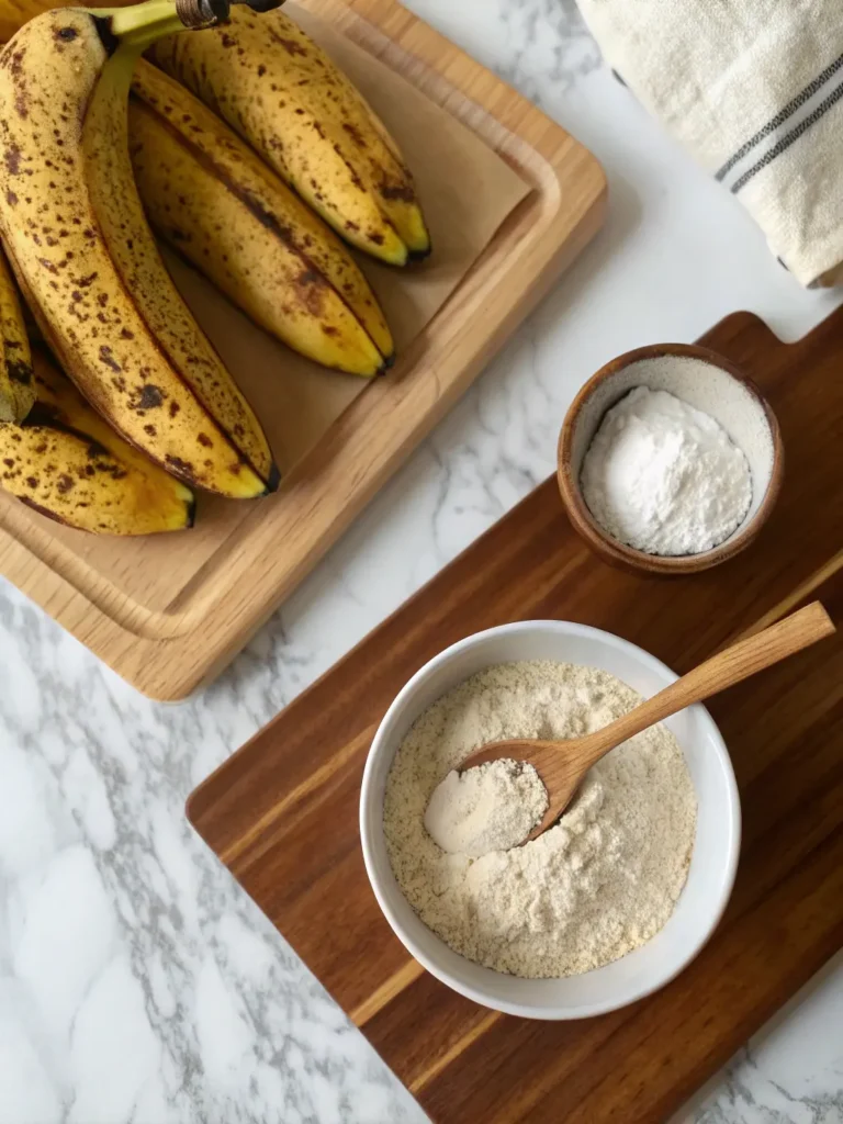 Banana Bread Cobbler Recipe A close-up, top-down shot of the ingredients for the Banana Bread Cobbler. Ripe, spotty bananas are artfully arranged on the signature wooden cutting board next to a minimalist white ceramic bowl of flour and a small wooden spoon, all illuminated by natural morning light on a marble countertop with soft shadows and warm tones. No hands visible.