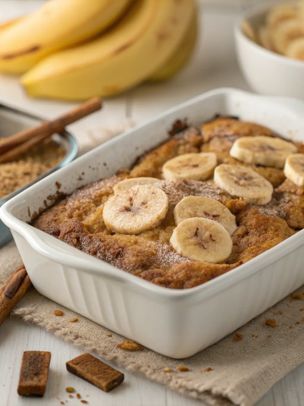 A mouth-watering, perfectly golden brown Banana Bread Cobbler in a clean, minimalist white ceramic baking dish, captured from a slightly elevated side angle. The top is perfectly crumbly and sprinkled with sliced bananas and a hint of spice, showcasing the delicious texture. The background is softly blurred, hinting at a cozy kitchen setting with warm tones. No hands visible.