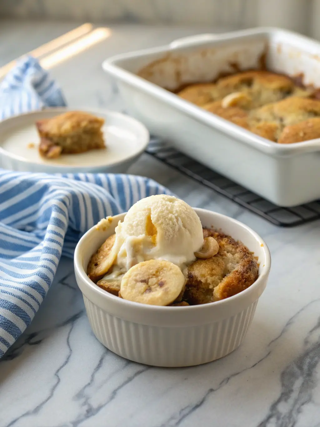 A warm, inviting scene of the Banana Bread Cobbler served in a small, minimalist white ceramic bowl, with a generous scoop revealing the incredibly moist, gooey banana filling and tender streusel. The white baking dish is subtly in the background on a marble countertop, alongside a blue and white striped fabric, bathed in natural morning light with soft shadows and a cozy, lived-in feel. No hands visible.