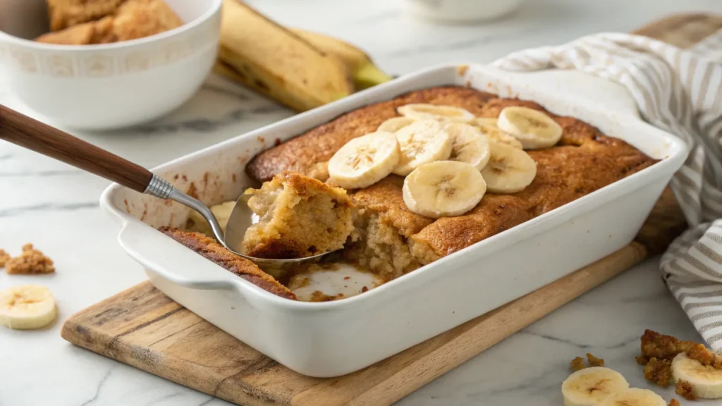A beautifully golden brown and deliciously appealing Banana Bread Cobbler in a minimalist white ceramic baking dish, with a spoonful scooped out revealing the gooey, warm banana filling and tender streusel. Sliced fresh bananas adorn the top. Shot with natural morning light on a light marble countertop with a subtle wood accent in the background, soft shadows, and warm tones, consistent with the Taste Charm brand. No hands visible.