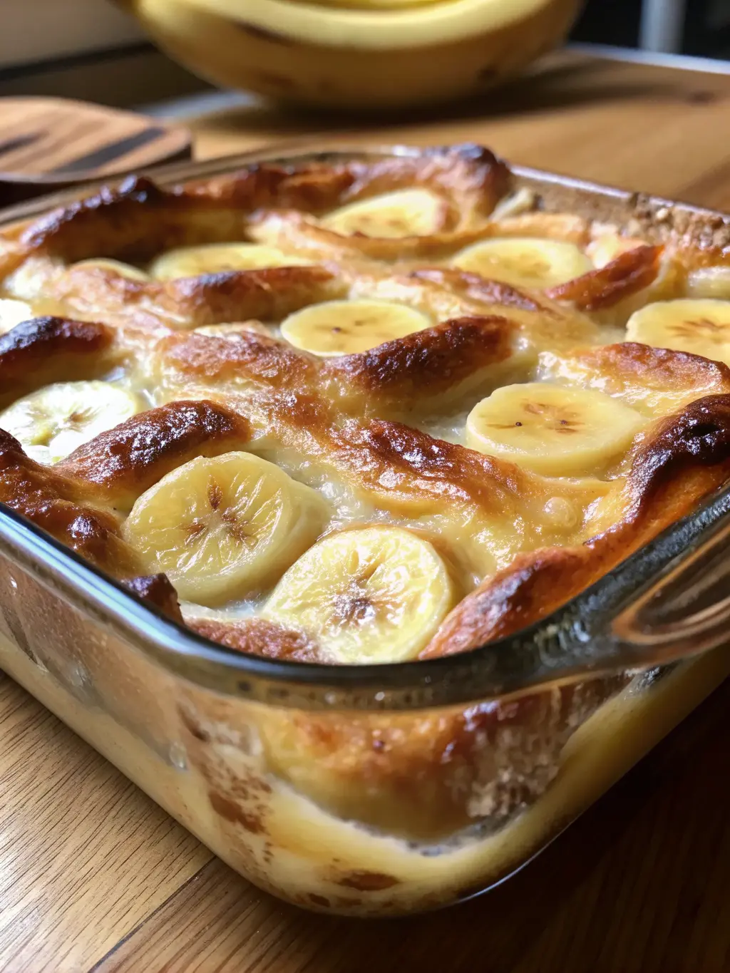 Ingredients laid out for Banana Croissant French Toast Casserole: torn croissants, sliced ripe bananas, eggs in a minimalist white ceramic bowl, milk, cream, vanilla, and cinnamon. All arranged artfully on a wooden cutting board on a marble countertop, with fresh green herbs in the background, under natural morning light. Clean and tidy presentation. No hands or people. (3:4 aspect ratio)