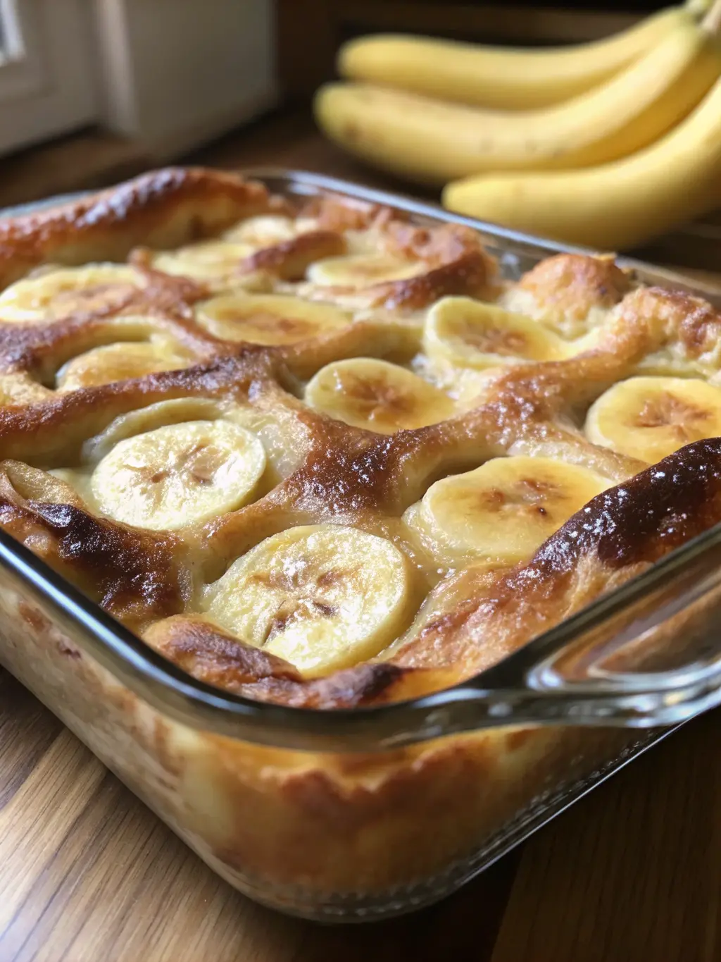 A close-up of the Banana Croissant French Toast Casserole assembled in the clear glass baking dish, before baking. Showing the torn croissants and banana slices soaking in the rich, creamy custard. The dish is on a marble countertop with soft natural morning light. Warm tones, clean presentation. No hands or people. (3:4 aspect ratio)