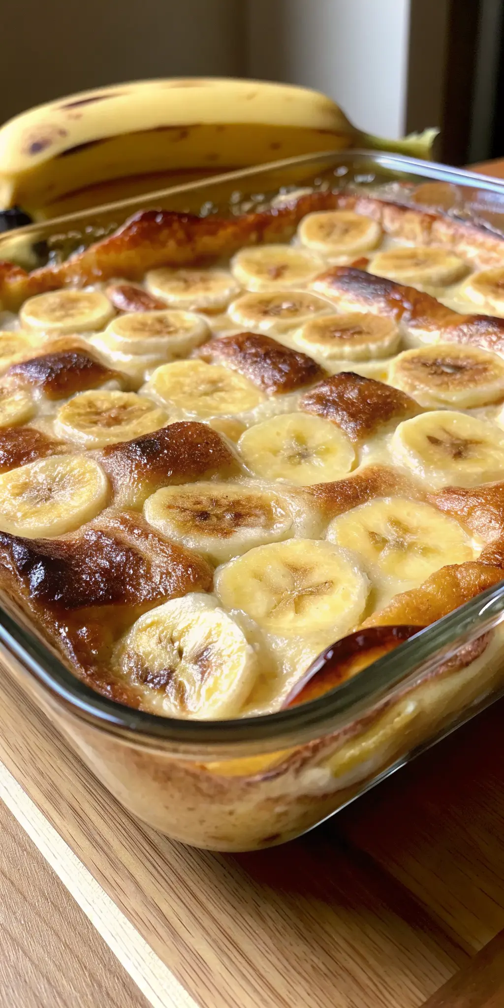A generous portion of the baked Banana Croissant French Toast Casserole served on a minimalist white plate, placed next to the glass baking dish. The piece shows the moist, custardy interior, caramelized banana, and crispy golden-brown croissant top, dusted with powdered sugar. The setting is a marble countertop with a wooden accent, bathed in natural morning light. Soft shadows, warm tones, clean and tidy presentation. No hands or people. (3:4 aspect ratio)
