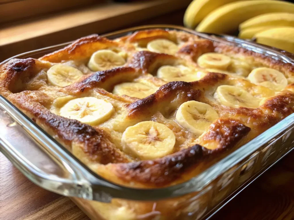 Hero shot of the golden-brown Banana Croissant French Toast Casserole in a clear rectangular glass baking dish. It's dusted with powdered sugar, showing visible caramelized banana slices and puffed, flaky croissant tops. The casserole sits on a warm wooden cutting board, on a marble countertop, bathed in natural morning light from an east window. Soft shadows, warm tones, clean and tidy presentation. No hands or people. (4:3 aspect ratio)