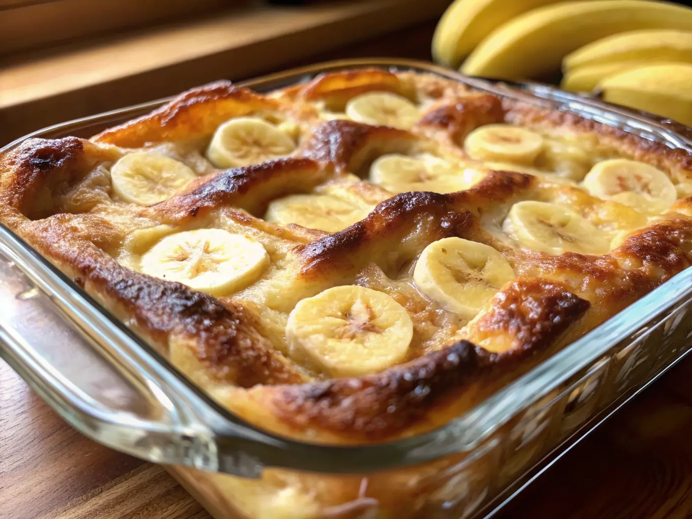 Hero shot of the golden-brown Banana Croissant French Toast Casserole in a clear rectangular glass baking dish. It's dusted with powdered sugar, showing visible caramelized banana slices and puffed, flaky croissant tops. The casserole sits on a warm wooden cutting board, on a marble countertop, bathed in natural morning light from an east window. Soft shadows, warm tones, clean and tidy presentation. No hands or people. (4:3 aspect ratio)