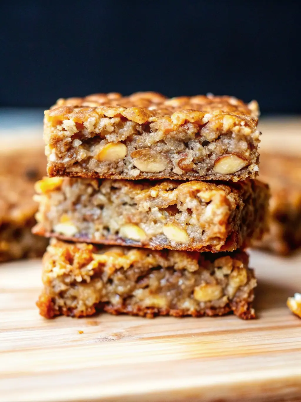 A full pan of baked, golden-brown Banana Oatmeal Bars, just removed from the oven, resting on a wooden trivet on a marble countertop. The top crust is slightly crisp with visible oats, and the edges are perfectly browned. Natural morning light creates soft shadows. No hands. (3:4 ratio)