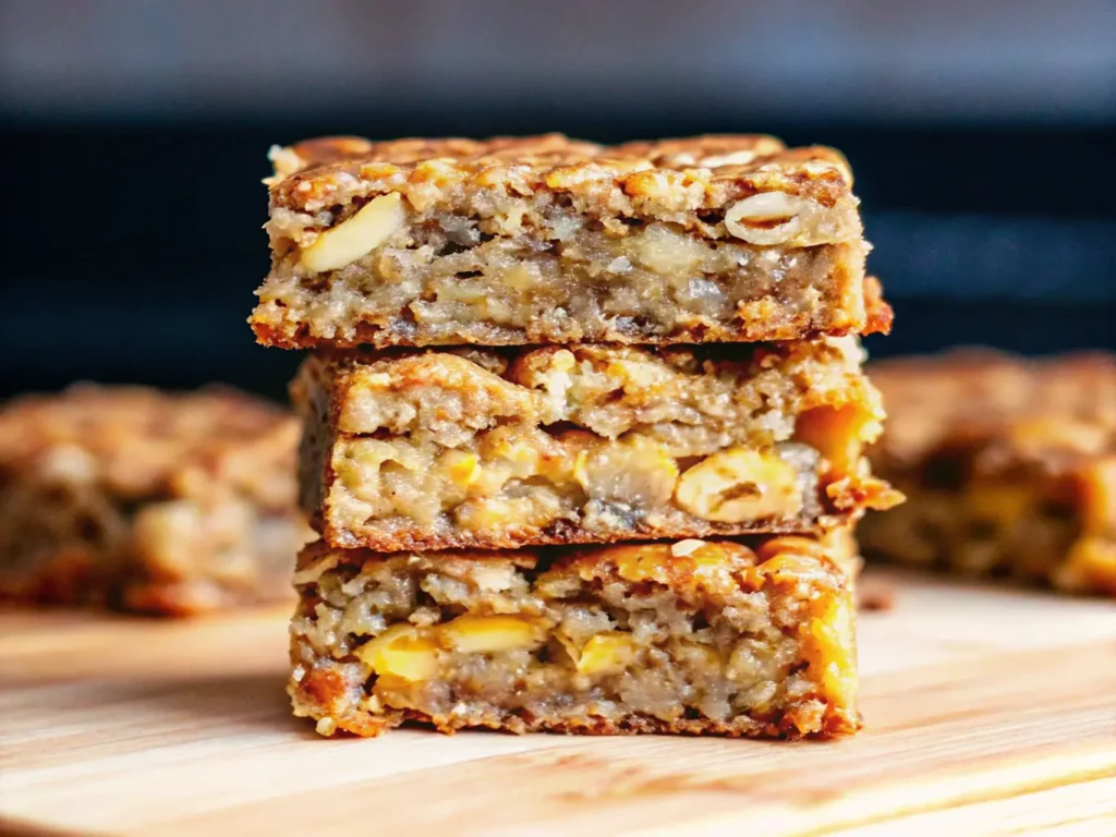 A stack of two golden-brown, chewy Banana Oatmeal Bars on a light wooden cutting board. The bars show visible rolled oats on top and clear slices of banana/nuts embedded within their moist, dense texture. Shot in natural morning light on a marble countertop with soft shadows and warm tones. Clean and tidy presentation. Minimalist white ceramic bowls and fresh herbs are subtly blurred in the background. No hands.