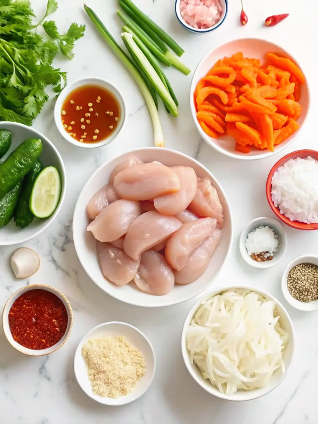 A close-up of raw chicken pieces tossed in cornstarch on the same recognizable wooden cutting board, with small bowls containing mayonnaise, sriracha, honey, rice vinegar, and a small pile of freshly sliced cucumber and red onion ready for the Bang Bang Chicken Bowl. Natural morning light casts soft shadows on a marble countertop, with fresh herbs subtly in the background. No hands or people. (3:4 ratio)