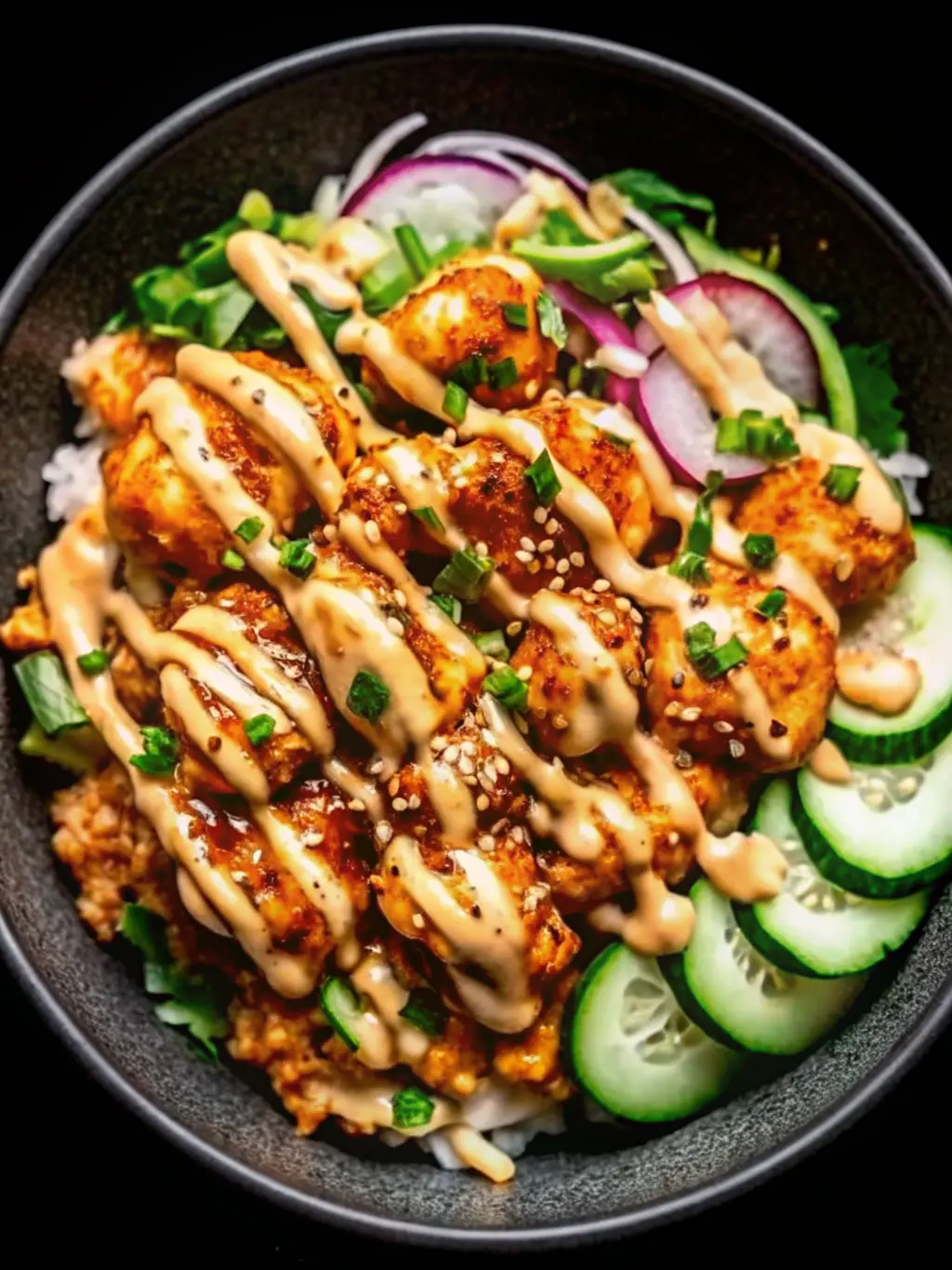 A close-up, slightly angled shot revealing the layers of a Bang Bang Chicken Bowl: fluffy white rice, shredded lettuce, vibrant sliced cucumbers, thinly sliced red onion, and perfectly crispy chicken. The chicken is heavily drizzled with the creamy, light-colored Bang Bang sauce, topped with sesame seeds and green chives. The dark grey ceramic bowl sits on a marble countertop, bathed in natural morning light, emphasizing texture and appeal. Soft shadows, warm tones. No hands or people. (3:4 ratio)