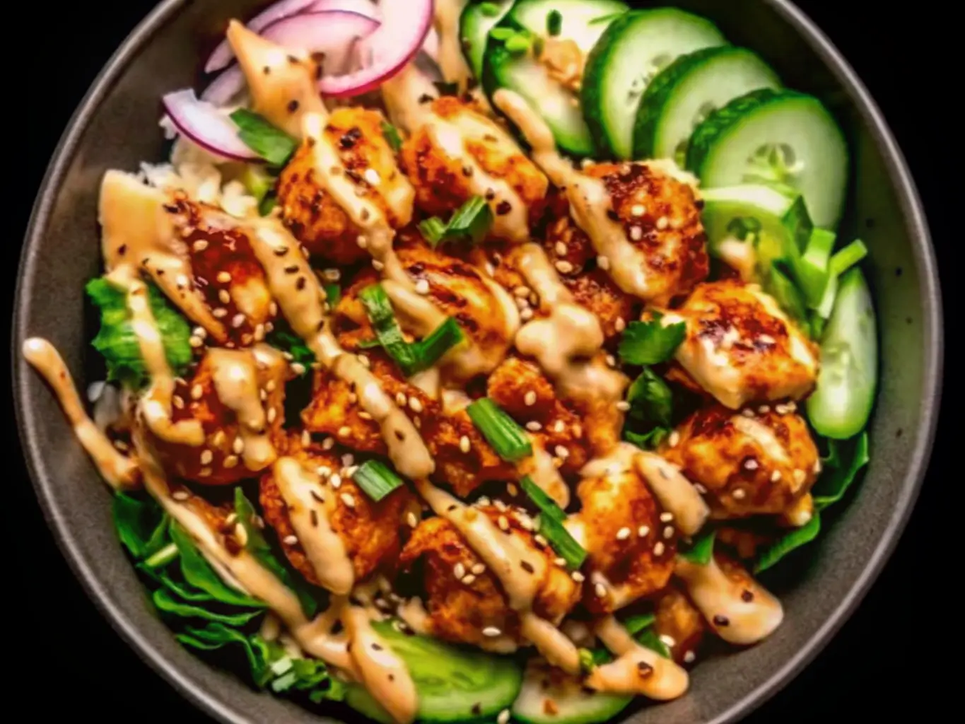 Top-down shot of a vibrant Bang Bang Chicken Bowl in a dark grey ceramic bowl, overflowing with crispy, golden-brown chicken coated in a reddish-orange glaze, generously drizzled with a creamy, light-colored sauce. It's garnished with white sesame seeds and finely chopped green chives. The bowl contains fluffy white rice, vibrant green sliced cucumbers, thinly sliced red onion, and fresh shredded lettuce. The scene is set on a light marble countertop with a subtle wood accent visible in the background, illuminated by natural morning light from an east window. Soft shadows, warm tones, and a clean, tidy presentation with fresh herbs gently blurred in the background. No hands or people. (4:3 ratio)