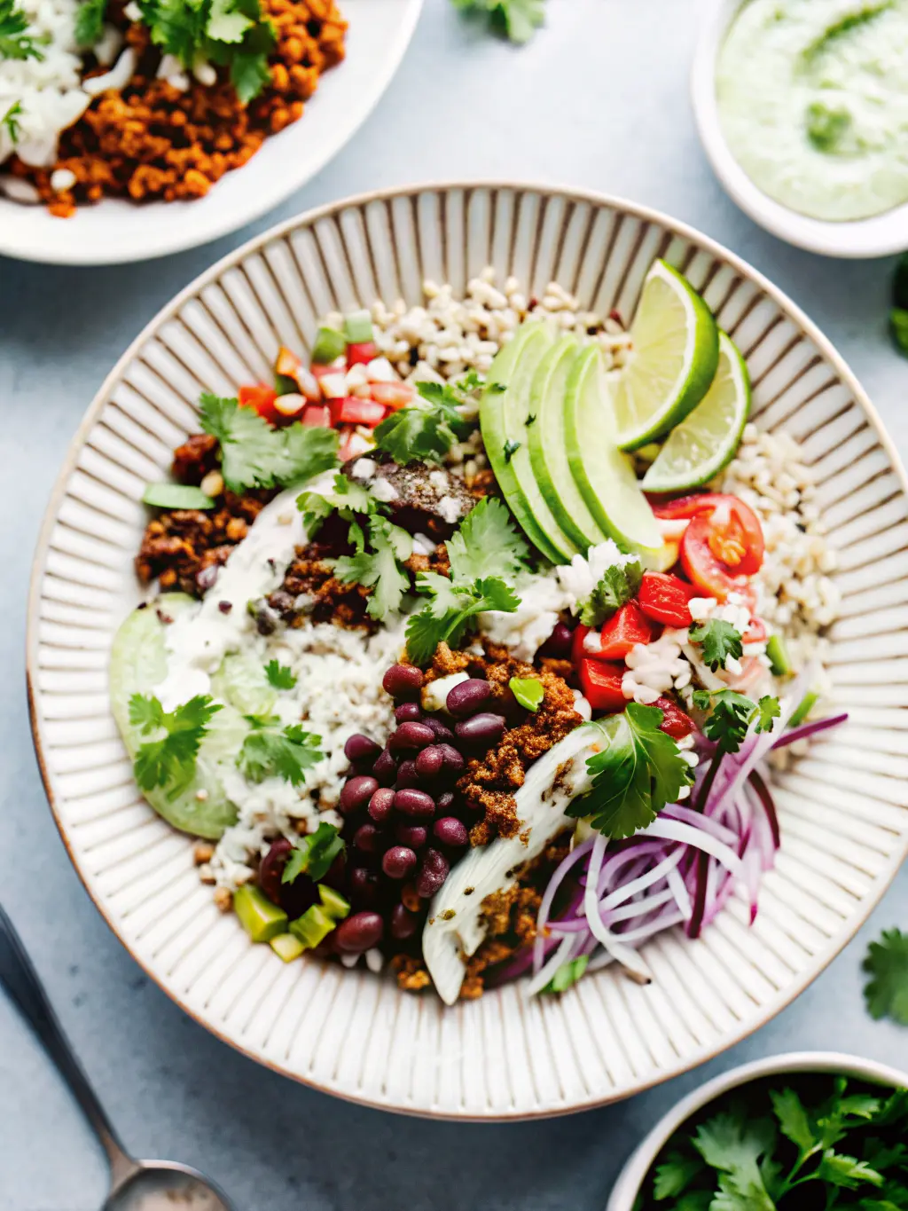 An artfully arranged flat lay of raw ingredients for the Beef Burrito Bowl Recipe on a wooden cutting board on a light marble countertop. Visible items include raw ground beef, a whole sweet potato, an unpeeled avocado, a whole red onion, dried spices (cumin, chili powder) in small white ceramic bowls, fresh cilantro sprigs, and a lime. Natural morning light, soft shadows, warm tones, clean and tidy presentation. No hands or people.