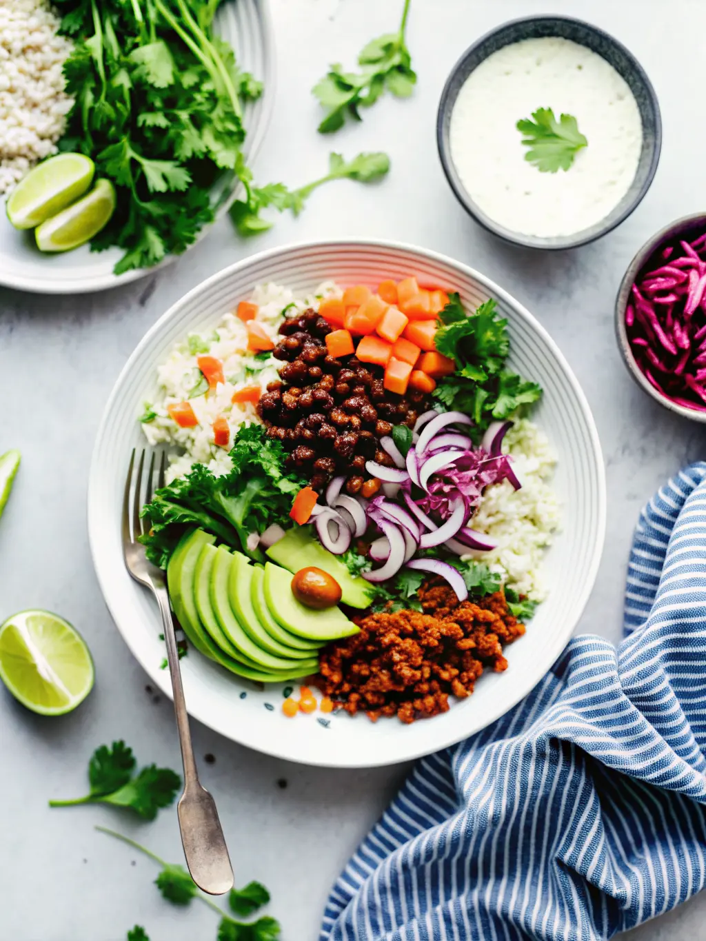 A close-up, slightly angled shot of the Beef Burrito Bowl, emphasizing the diverse textures and colors of the assembled dish. Focus on the contrast between the fluffy white cilantro lime rice, the tender roasted sweet potatoes, the creamy avocado slices, and the glossy black beans. A fork is gently resting in the bowl, ready to scoop. The textured ceramic bowl is on a light marble countertop, with a dark blue/grey striped cloth napkin peeking into the frame. Natural morning light, soft shadows, warm tones, clean and tidy presentation. No hands or people.