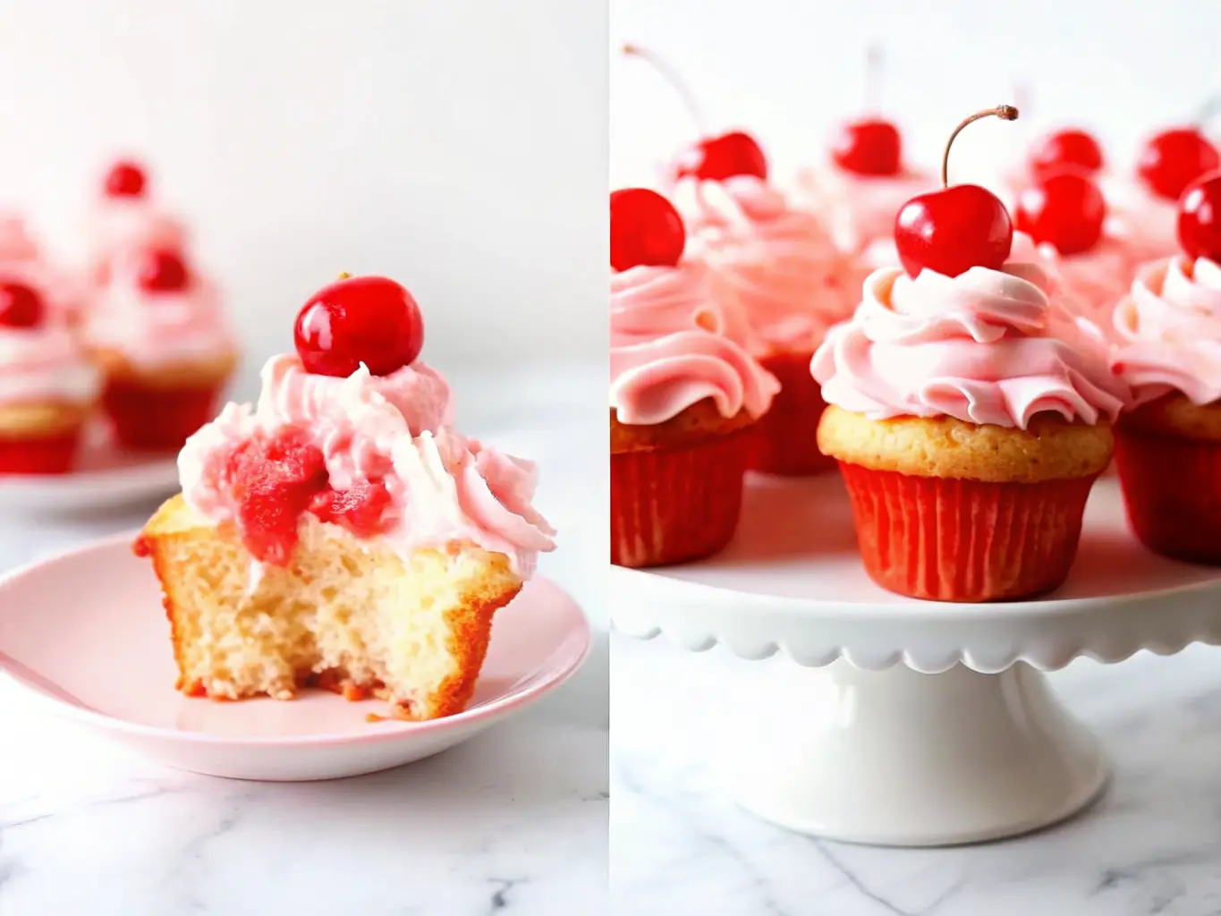 Hero shot of a perfectly baked Cherry Chip Cupcake, with a bite taken to reveal the fluffy pink crumb, placed on a minimalist white ceramic pedestal stand. It's generously topped with light pink swirled buttercream frosting and a single bright red maraschino cherry. Other similar cupcakes are blurred in the background. Shot in natural morning light on a white marble countertop with soft shadows and warm tones, a hint of a wooden cutting board in the background, clean and tidy presentation. 4:3 ratio. NO HANDS OR PEOPLE.