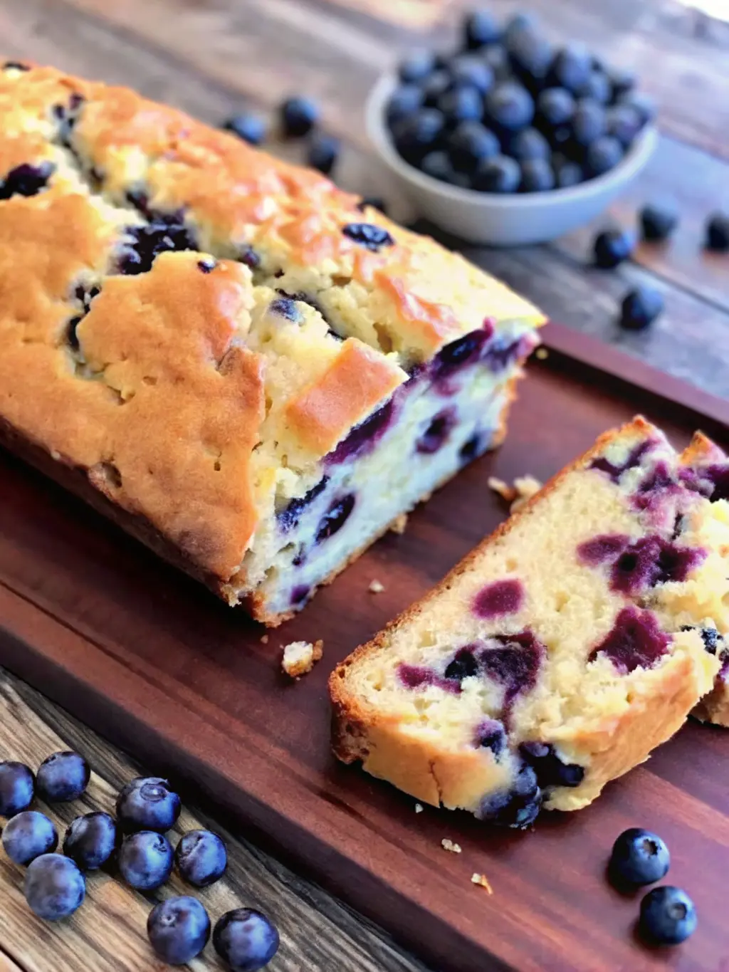 A close-up shot of a Blueberry Cream Cheese Loaf batter in a white ceramic mixing bowl, showing blueberries gently folded in and a knife creating a delicate swirl of white cream cheese through the light yellow batter, before baking. On a wooden cutting board, with soft, natural morning light and subtle shadows. NO HANDS OR PEOPLE.