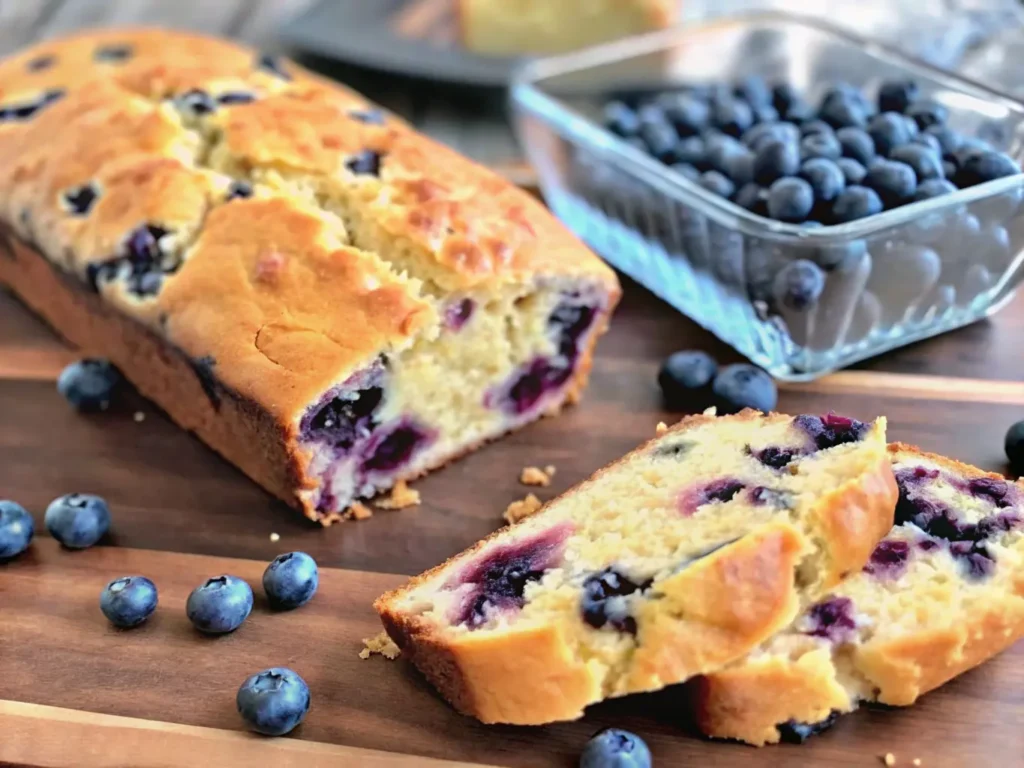 A golden-crusted Blueberry Cream Cheese Loaf, partially sliced to reveal a light yellow crumb with vibrant purple blueberries and creamy white swirls, displayed on the same wooden cutting board against a white marble countertop. Scattered fresh blueberries are around the loaf. Another blurred loaf in a glass baking dish is in the soft background. Natural morning light from an east window, soft shadows, warm tones, clean and tidy presentation. NO HANDS OR PEOPLE.