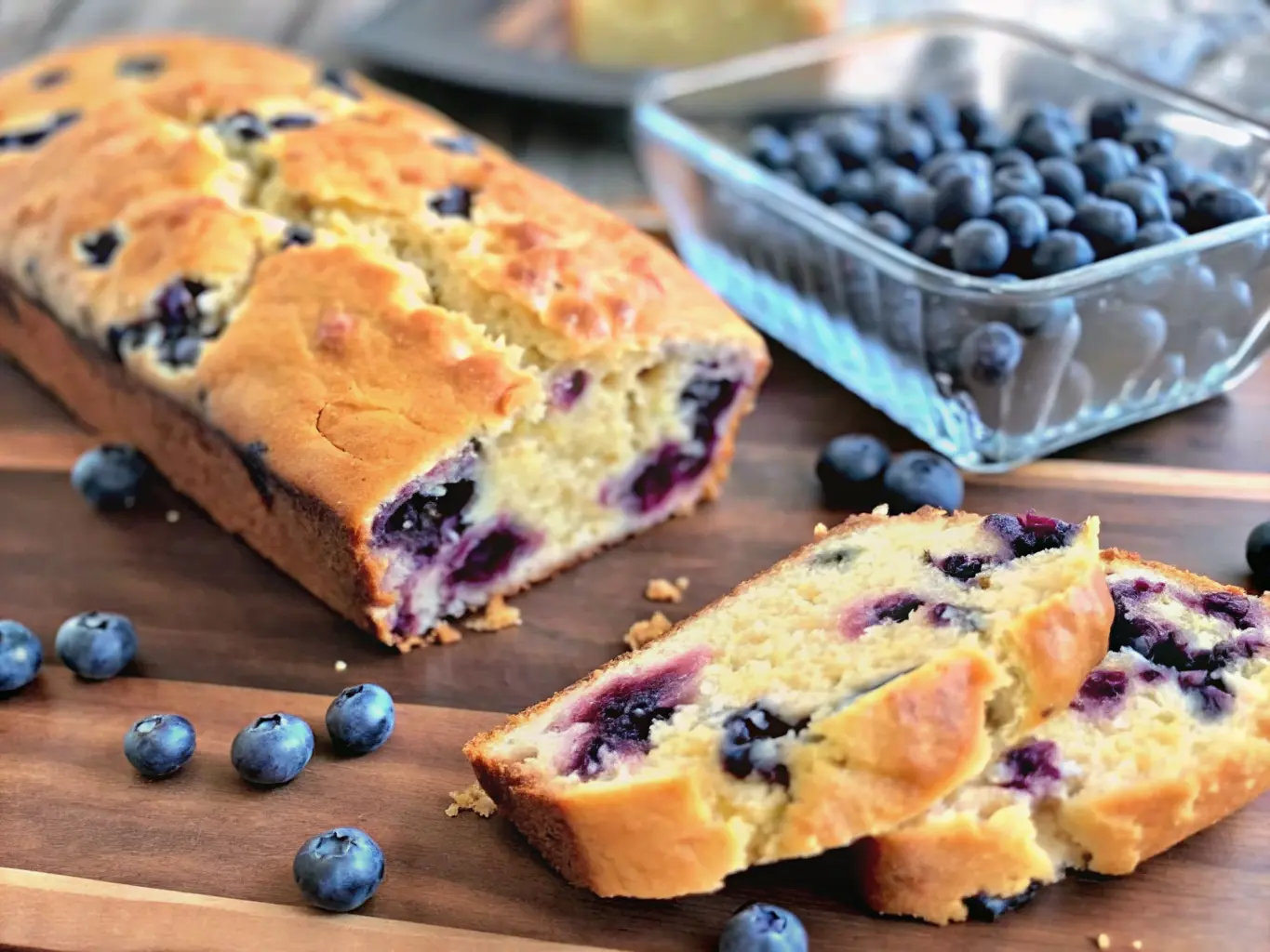 A golden-crusted Blueberry Cream Cheese Loaf, partially sliced to reveal a light yellow crumb with vibrant purple blueberries and creamy white swirls, displayed on the same wooden cutting board against a white marble countertop. Scattered fresh blueberries are around the loaf. Another blurred loaf in a glass baking dish is in the soft background. Natural morning light from an east window, soft shadows, warm tones, clean and tidy presentation. NO HANDS OR PEOPLE.