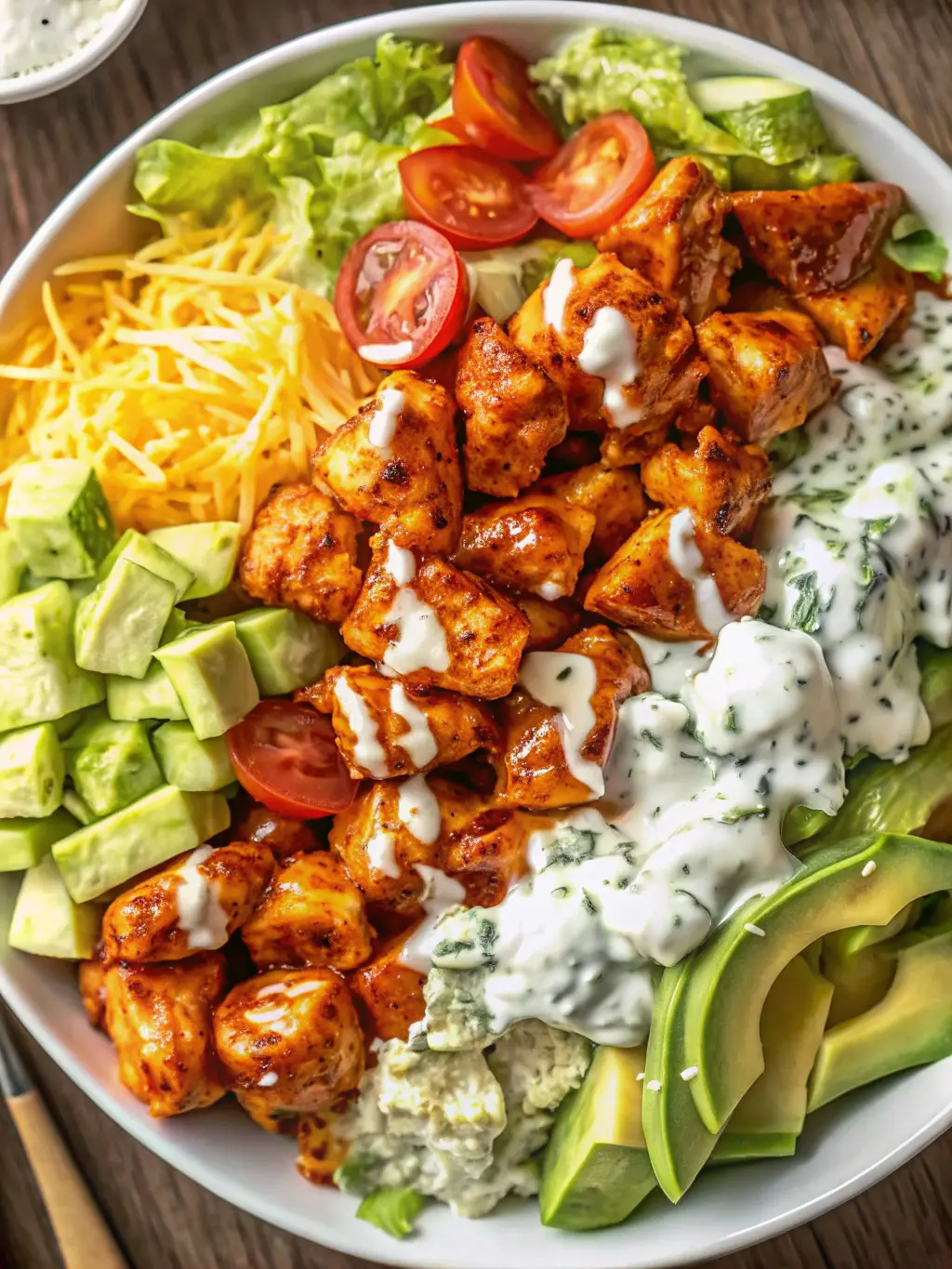 A cozy, slightly angled 3:4 aspect ratio lifestyle shot of a finished Buffalo Chicken Bowl on a minimalist white ceramic plate. The bowl is abundant with saucy buffalo chicken, white rice, crisp lettuce, cherry tomatoes, shredded cheese, and avocado, all drizzled with blue cheese dressing and green onions. The bowl rests on the brand's signature wooden cutting board, which is on a light marble countertop. A small, simple glass of water is gently blurred in the background, along with a hint of fresh herbs in a small pot, conveying a sense of a loved, lived-in kitchen under soft morning light. No hands visible.