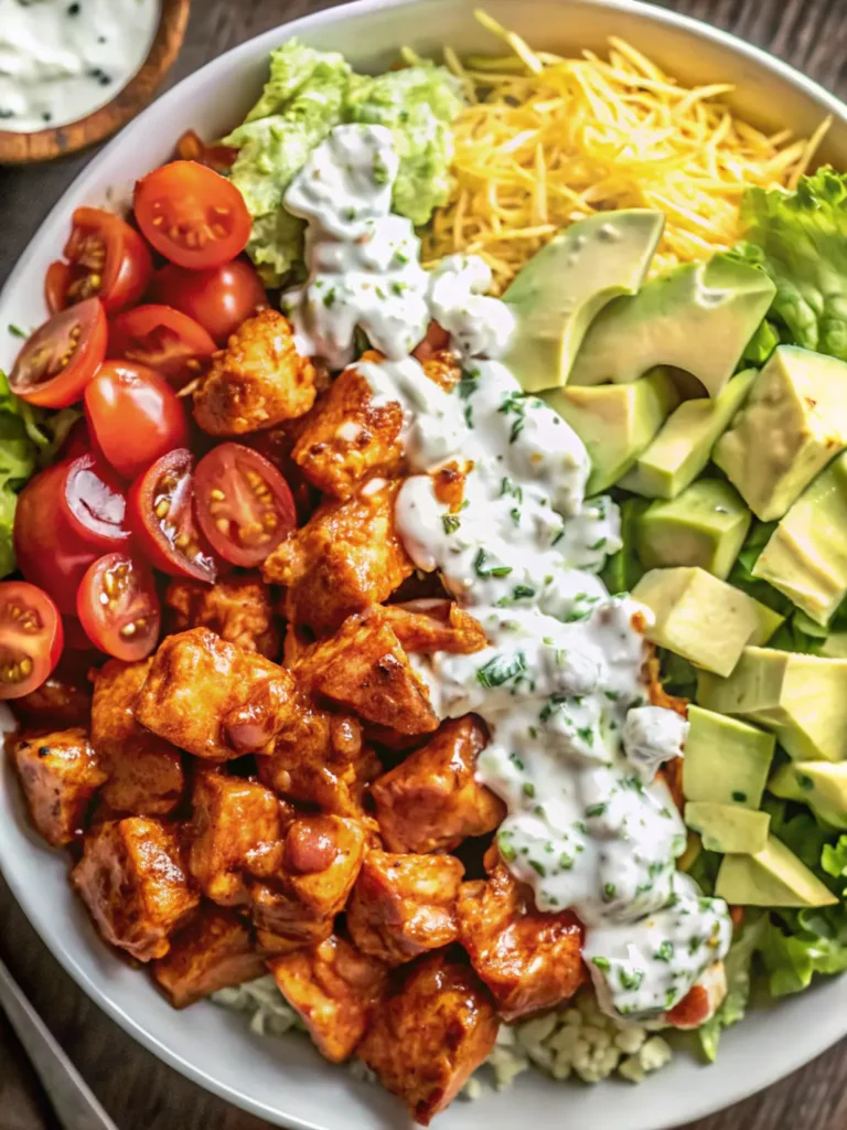 Buffalo Chicken Bowls A beautiful 3:4 aspect ratio stylized lifestyle shot of a complete Buffalo Chicken Bowl ready to be served. The bowl, a minimalist white ceramic, is perfectly placed on a clean wooden cutting board which sits on a light marble countertop. The buffalo chicken bowl is richly layered with vibrant ingredients, featuring prominent golden chicken, creamy dressing, and fresh garnishes. A neatly folded simple linen napkin sits beside the bowl, with a small, subtly blurred ceramic jug of extra blue cheese dressing in the warm, naturally lit background. The composition feels inviting and evokes genuine love for the process. No hands visible.