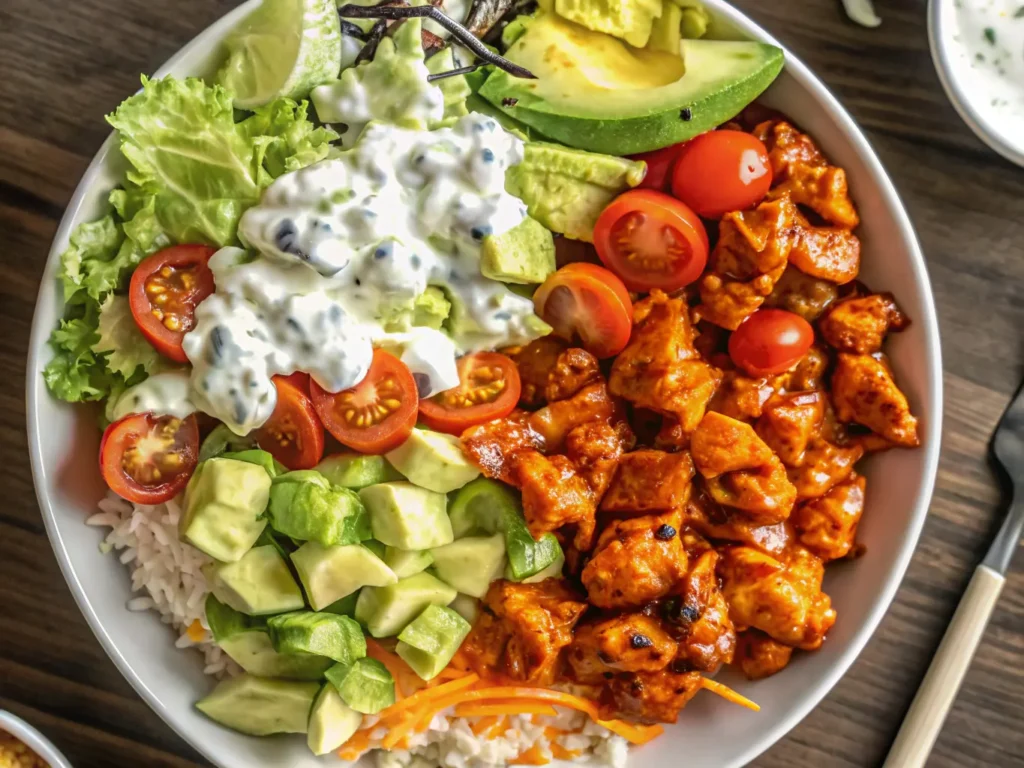 A mouth-watering, perfectly composed 4:3 aspect ratio overhead shot of a Buffalo Chicken Bowl. The bowl, a minimalist white ceramic, is artfully arranged with golden-brown, saucy buffalo chicken pieces nestled next to fluffy white rice. Crisp shredded iceberg lettuce, bright red halved cherry tomatoes, a generous sprinkle of yellow and white shredded cheddar jack cheese, and perfectly fanned avocado slices fill the bowl. Creamy blue cheese dressing is generously drizzled over all components, with a final garnish of fresh green onions. The bowl sits on a rustic wooden cutting board, partially on a light marble countertop. Soft natural morning light from an east window casts gentle, warm shadows, creating a clean, inviting scene. Fresh herbs are subtly visible in a small pot in the background. No hands visible.