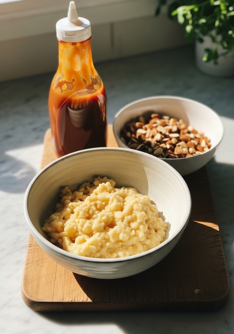 A 3:4 shot showing a ceramic bowl filled with mashed ripe bananas, next to a bowl of chopped toasted almonds, and a bottle of caramel sauce, all arranged on the wooden cutting board on a marble countertop. Natural morning light illuminates the fresh, clean ingredients, evoking the start of a homemade baking adventure. Soft shadows, warm tones, with fresh herbs subtly visible in the background, no hands.