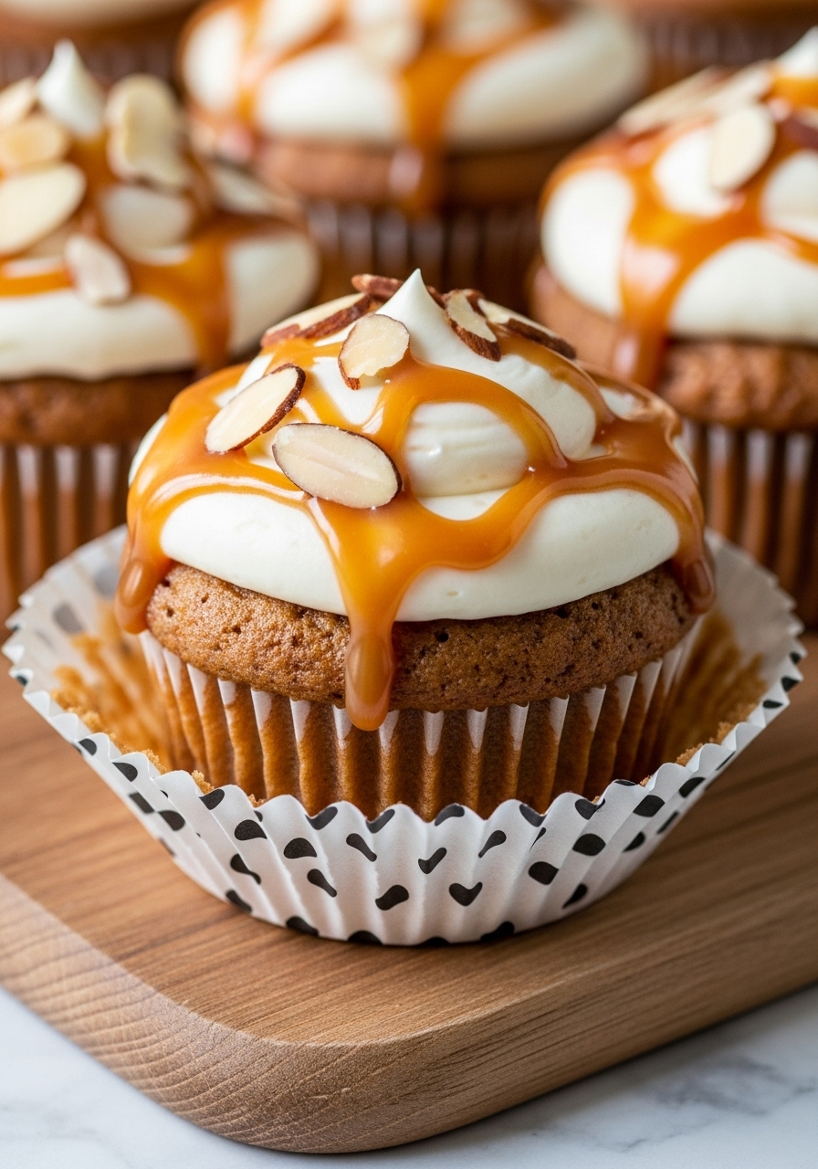 A tight 3:4 close-up shot of a single mouth-watering Butter Almond Caramel Banana Muffin. The focus is on the intricate details of the golden-brown muffin top, the creamy white frosting, the glistening caramel drizzle, and the texture of the crunchy chopped almonds. The muffin is in a white paper liner with black polka dots, resting on the wooden cutting board on a marble countertop. Natural morning light highlights the textures and deliciousness. Soft shadows, warm tones, and an overall clean presentation, no hands.