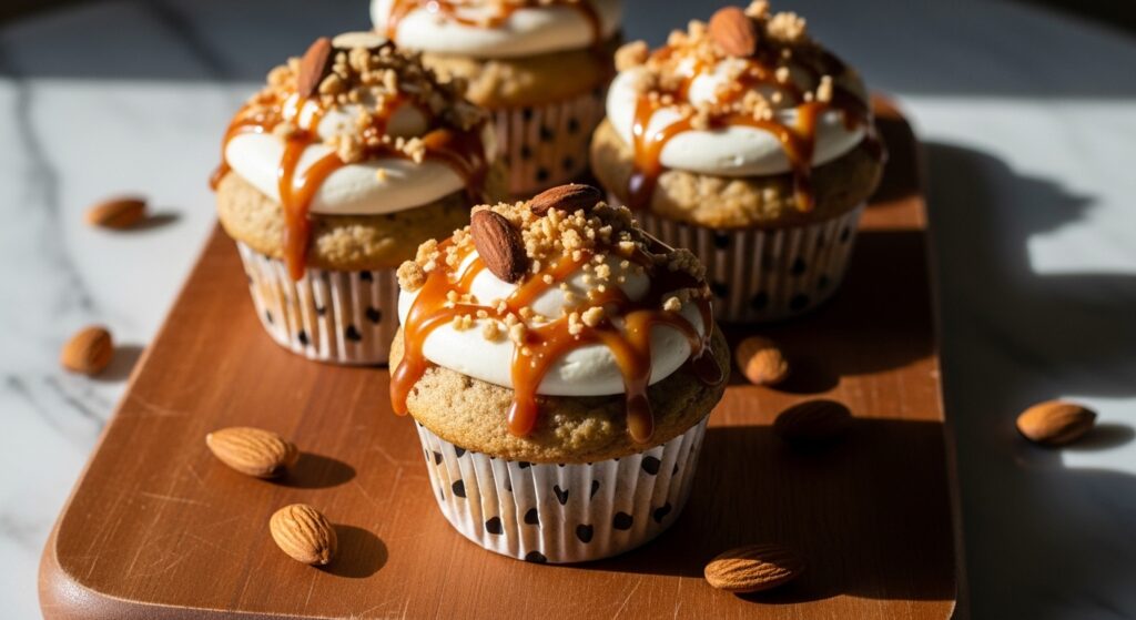 A beautifully composed 16:9 hero shot of three delicious Butter Almond Caramel Banana Muffins, each with a golden-brown top, a generous swirl of creamy white frosting, a glossy caramel drizzle, and a sprinkle of chopped almonds and streusel-like crumbs. They are presented in white paper liners, some with subtle black polka dots, arranged on a warm wooden cutting board, positioned on a marble countertop. Natural morning light casts soft shadows, creating a cozy and inviting atmosphere. A few whole almonds are scattered artfully around the board. The presentation is clean, tidy, and emphasizes the muffins' irresistible appeal, with warm tones and no hands visible.