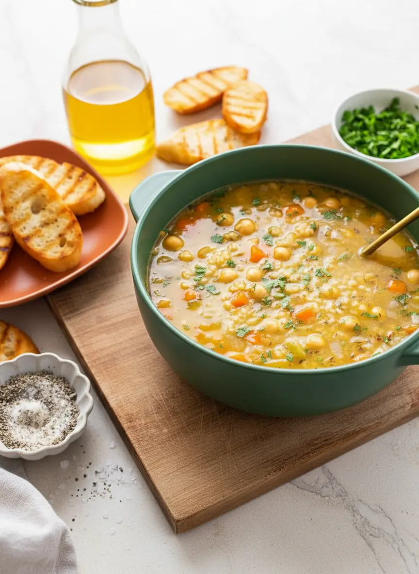 A still life arrangement of fresh ingredients for Chickpea and Rice Soup on a natural wooden cutting board set against a light marble countertop. Includes a pile of whole dried chickpeas in a small ceramic bowl, uncooked short-grain white rice in another, diced carrots, celery, and onion prepped and ready, a small bunch of fresh thyme and parsley, and a bottle of olive oil. Natural morning light from an east window creates soft shadows, with warm tones, clean and tidy presentation. NO HANDS.