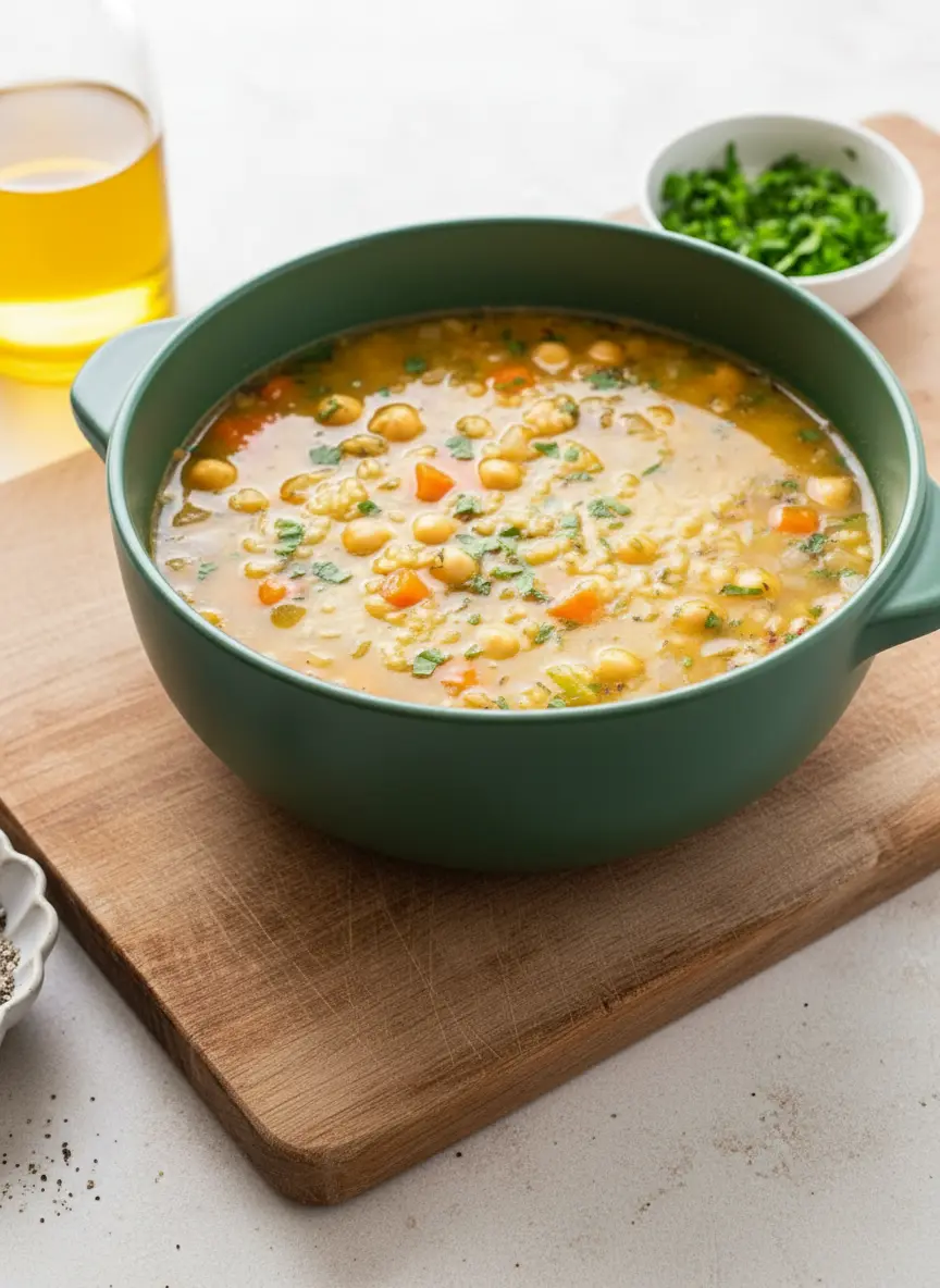 A close-up shot of the Chickpea and Rice Soup simmering gently in a bright yellow enameled Dutch oven on a stovetop. Steam subtly rises from the golden-yellow broth, which contains visible whole chickpeas, expanding rice grains, and tender diced carrots and celery. Dried herbs and fresh parsley flecks are visible throughout. The texture is rich and comforting. Natural morning light from an east window casts soft shadows, highlighting the warm tones. The background shows a clean marble countertop. NO HANDS.