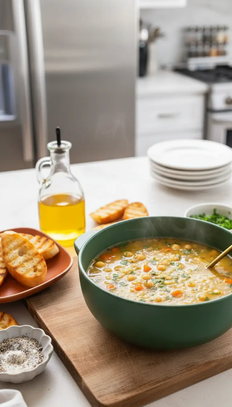 A minimalist white ceramic bowl filled with the vibrant Chickpea and Rice Soup, showing the rich golden broth, tender chickpeas, fluffy white rice, and colorful diced vegetables. The soup is garnished with a generous sprinkle of fresh chopped parsley. A single slice of golden grilled baguette rests beside the bowl on a wooden cutting board, against a light marble countertop. Natural morning light from an east window casts soft shadows, creating a clean, warm-toned presentation. NO HANDS.