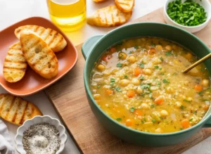Overhead view of a vibrant yellow enameled Dutch oven filled with hearty Chickpea and Rice Soup. The soup features a golden-yellow broth with visible whole chickpeas, white short-grain rice, finely diced orange carrots, and green celery pieces, generously sprinkled with fresh green chopped parsley and dried thyme. A silver ladle rests inside the pot, partially submerged. The pot is on a wooden cutting board, against a light marble countertop. To the side, there are several slices of golden-brown grilled baguette, a small white ceramic bowl with chopped fresh parsley, and a clear glass bottle of olive oil. Another small fluted ceramic bowl contains salt and black pepper. The scene is bathed in natural morning light from an east window, casting soft shadows, with warm tones, and a clean, tidy presentation. NO HANDS.