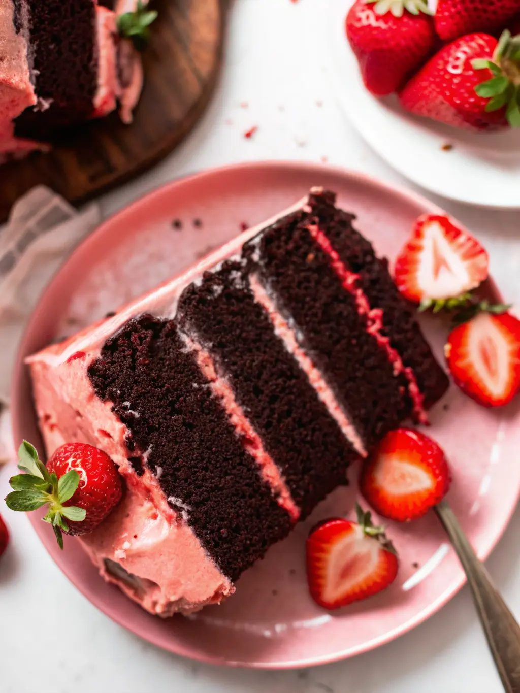 A carefully arranged flat lay of key ingredients for Chocolate Covered Strawberry Cake on a marble countertop: cocoa powder in a ceramic bowl, fresh, ripe strawberries in a minimalist white ceramic bowl, unsalted butter, eggs, flour, and baking essentials, with a corner of the familiar wooden cutting board visible. Soft natural morning light, warm tones, clean and tidy. NO HANDS. (3:4 ratio)