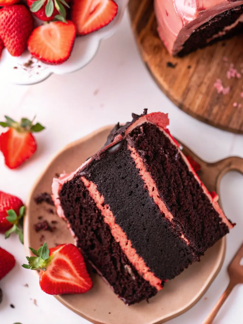 A neatly stacked three-layer chocolate cake on the wooden cutting board, with vibrant pink strawberry buttercream being spread evenly between the layers, before the final ganache drizzle. The cake is centered on the marble countertop, bathed in soft morning light, with a sprig of fresh mint or basil subtly in the background. The focus is on the distinct layers and smooth frosting application. NO HANDS. (3:4 ratio)