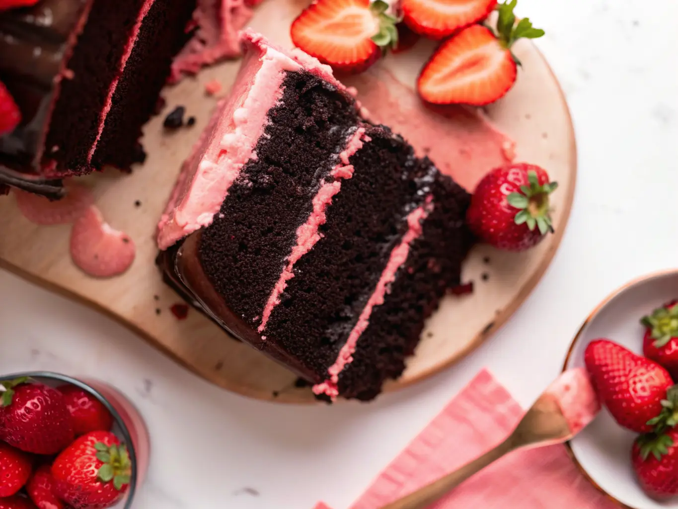A beautiful slice of multi-layered chocolate cake with vibrant pink strawberry buttercream between the layers, a rich chocolate ganache drizzle cascading down, sitting on a rustic wooden serving board. Fresh, whole, and sliced strawberries are scattered around the base and in a white ceramic bowl, visible in the soft natural morning light on a marble countertop. The scene is tidy, warm-toned, with soft shadows and a hint of fresh herbs in the blurred background. (4:3 ratio)