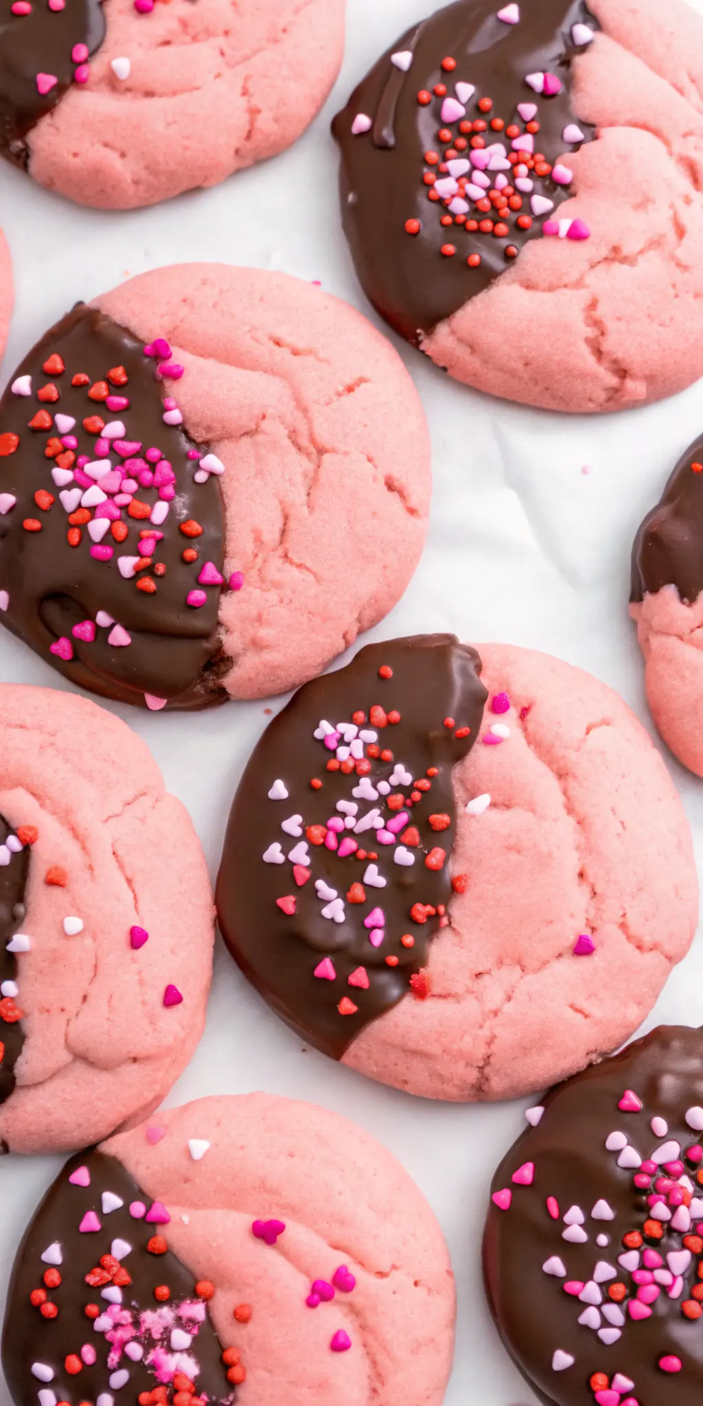 A stack of two finished Chocolate Covered Strawberry Cookies, each perfectly pink, soft, half-dipped in glossy dark chocolate with a generous scattering of red, pink, and white heart sprinkles, placed on a small, minimalist white ceramic plate. The soft, crinkled texture of the cookie and the smooth chocolate are clearly visible. Fresh herbs in a small glass vase subtly visible in the background. Natural morning light from an east window, soft shadows, warm tones, clean and tidy presentation. NO HANDS OR PEOPLE. (3:4 ratio)